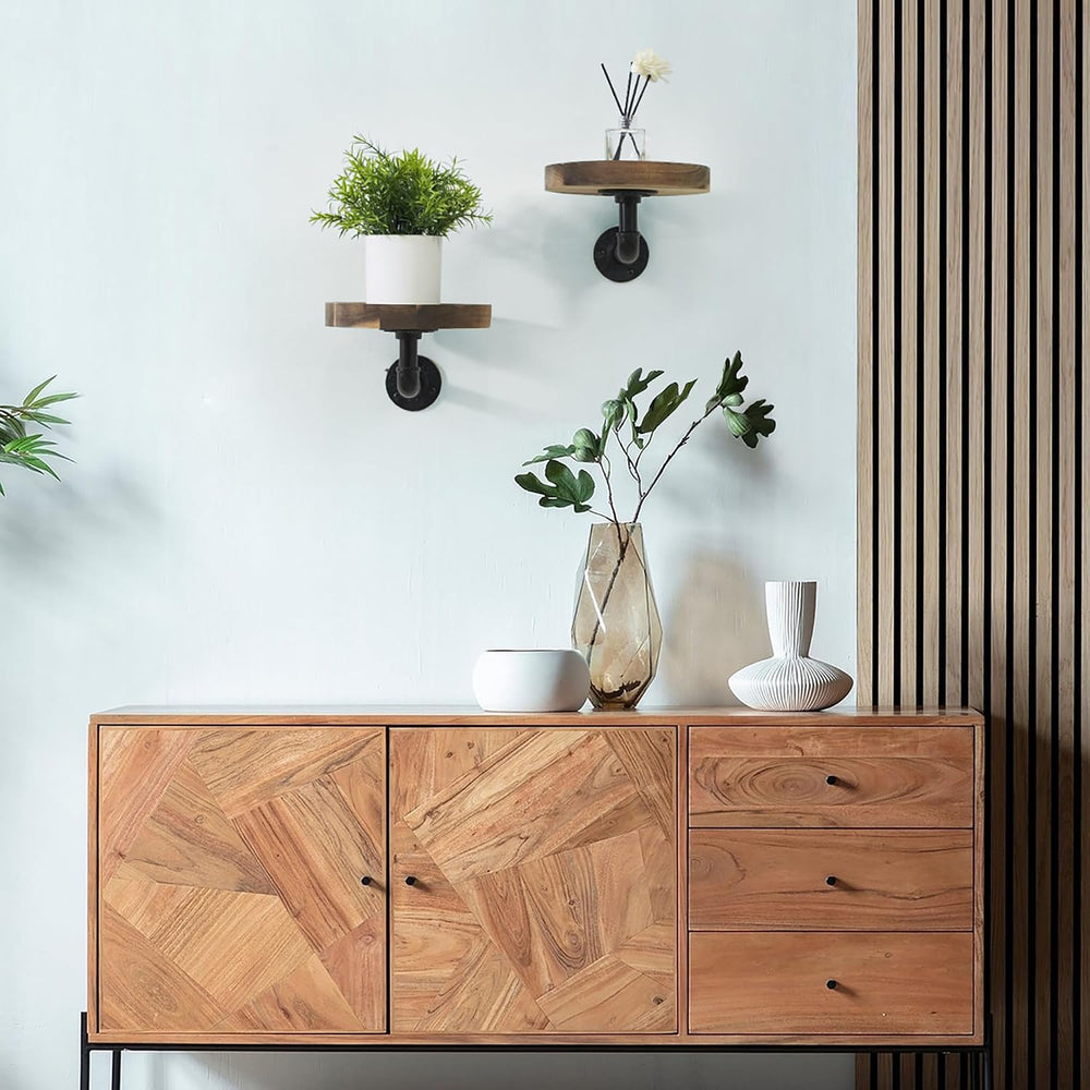 Round Wooden Floating Shelves Wall Mounted (Set of 2). Made of Acacia Wood. I...