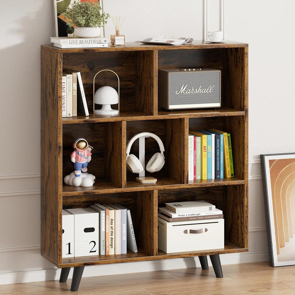 Vongrasig 7 Cube Bookshelf, 3 Tier Mid-Century Modern Bookcase with Legs, Woo...