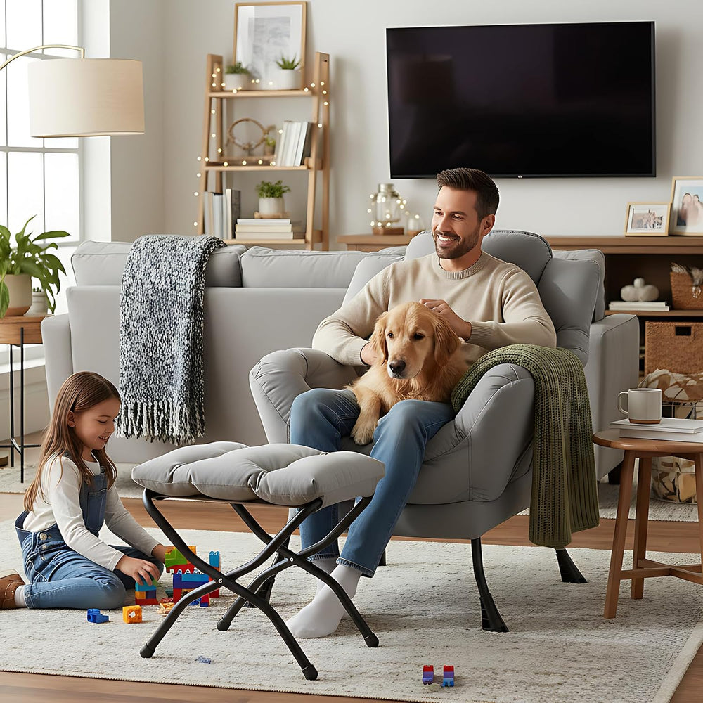 Welnow Lazy Chair with Ottoman, Reading Chair with Footrest,Soft Gray