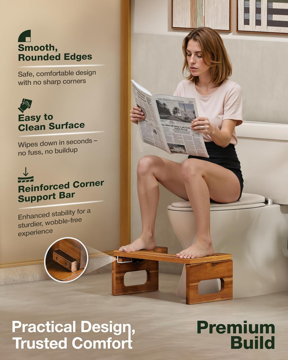 BLUEWEST Foldable Toilet Stool, 7 and 9 Inch Adjustable Height, Acacia Wood