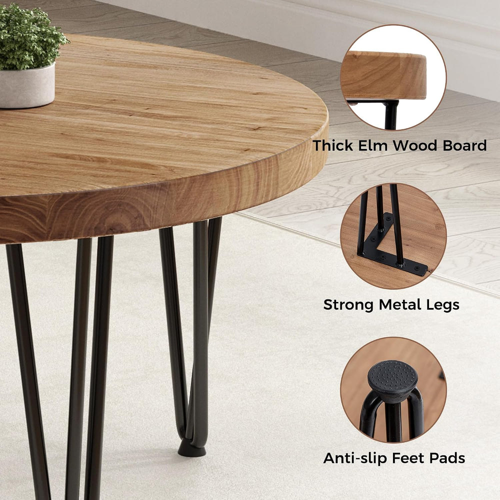 FLYJOE Rustic Wood Round Coffee Table with Metal Legs, Solid Elm Wood Top and...