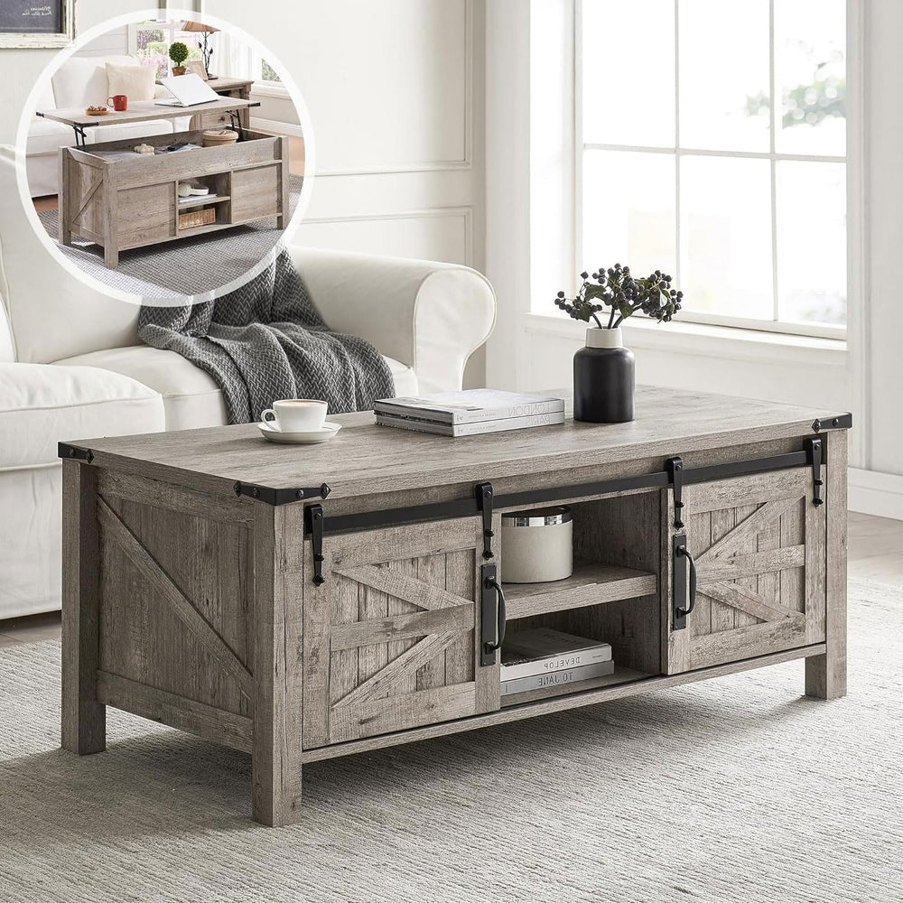 OKD 48" Farmhouse Lift Top Coffee Table Sliding Barn Door, Light Rustic Oak