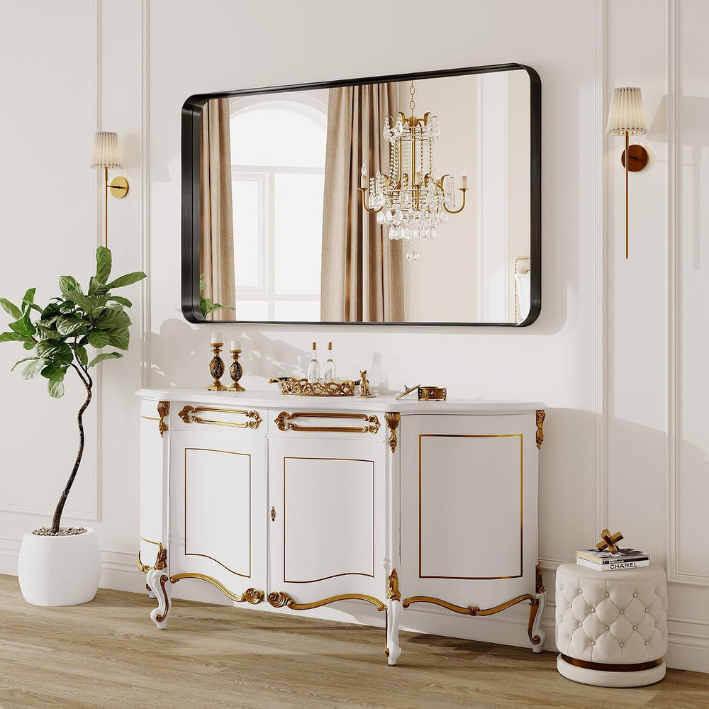 Black Metal Vanity Rounded Rectangle Bathroom Mirrors for Over Sink Wall