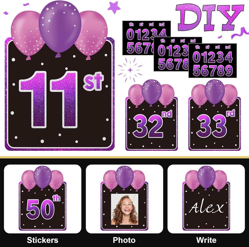 Yerliker 16 Pcs Purple Happy Birthday Yard Signs with Stakes, 32.8 ft LED Lig...