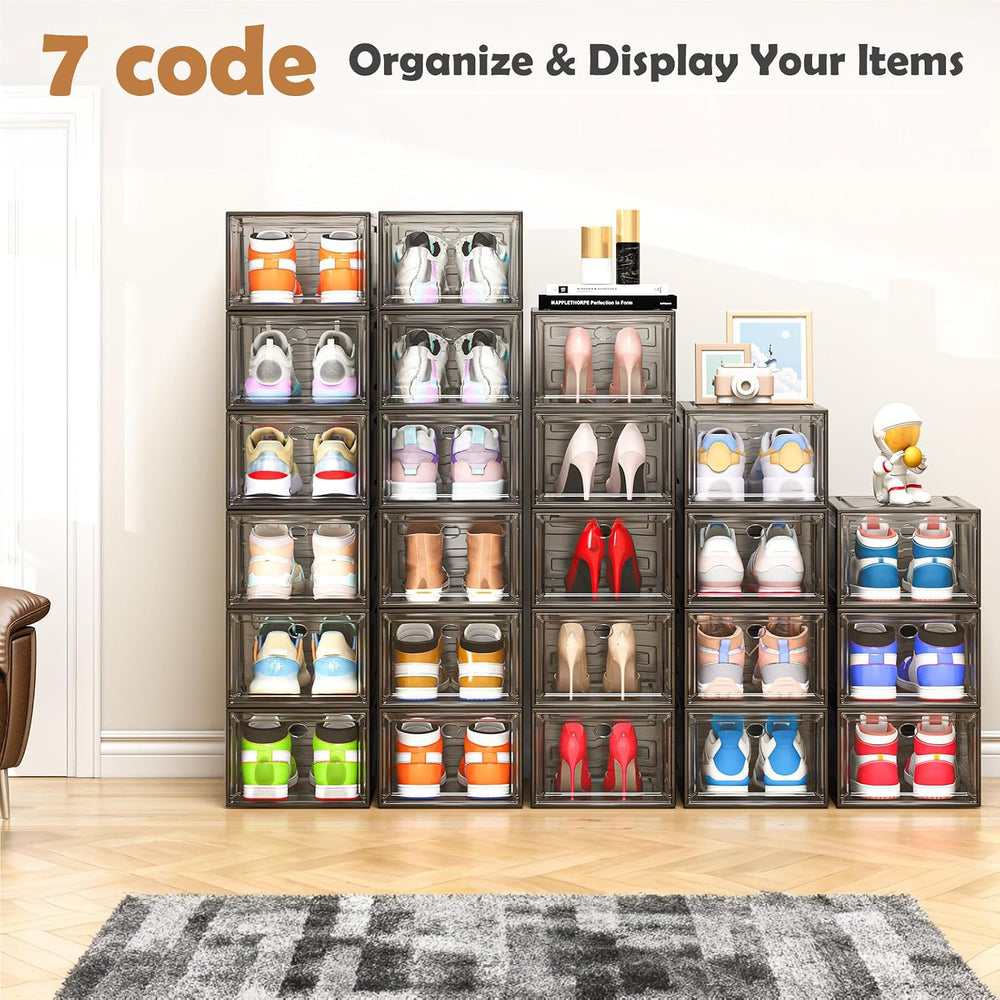 12 Pack Shoe Organizer, Stackable Shoe Storage Boxes with Magnetic Door