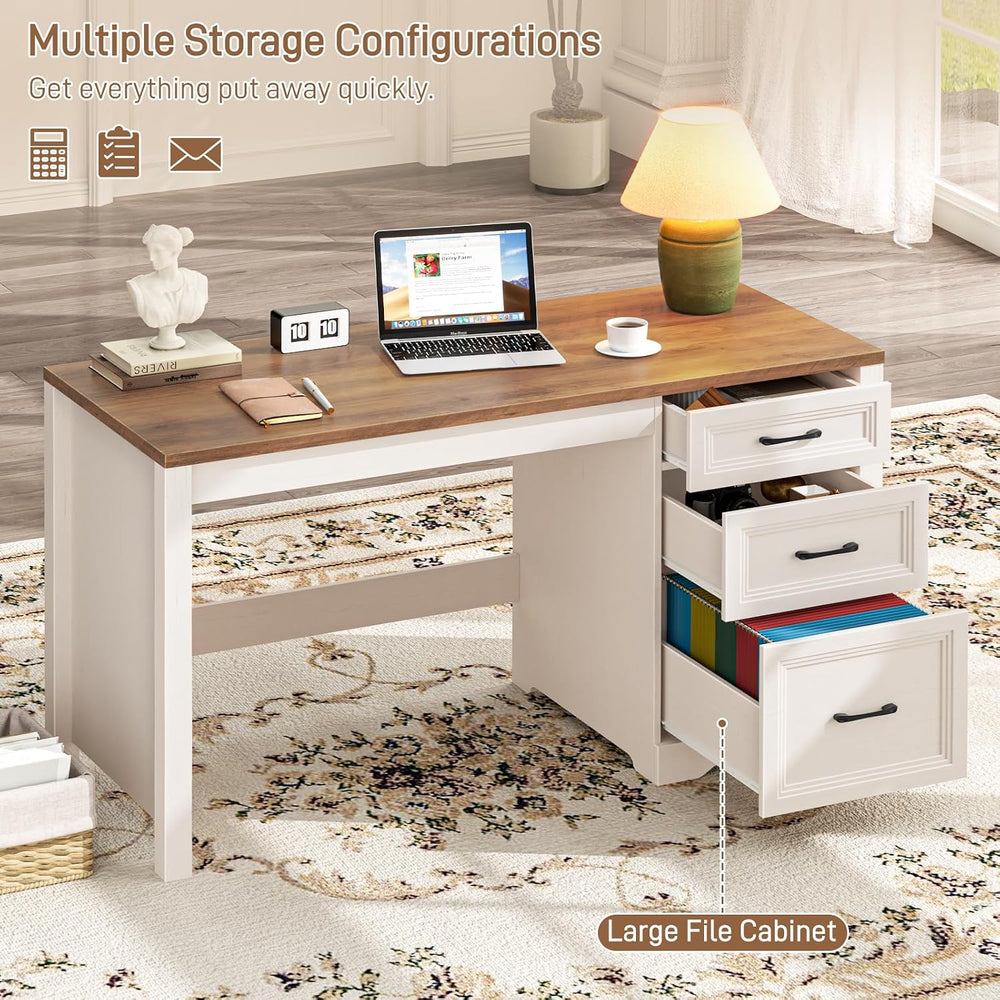 Vabches 55" Wooden Executive Desk with 3 Drawers, Farmhouse Computer Des...