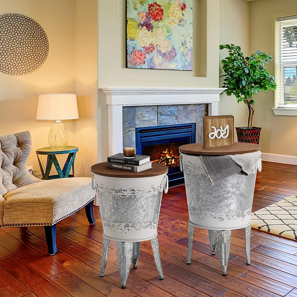 RUSTOWN Farmhouse Side Tables Set of 2, Galvanized Metal Bucket End Table