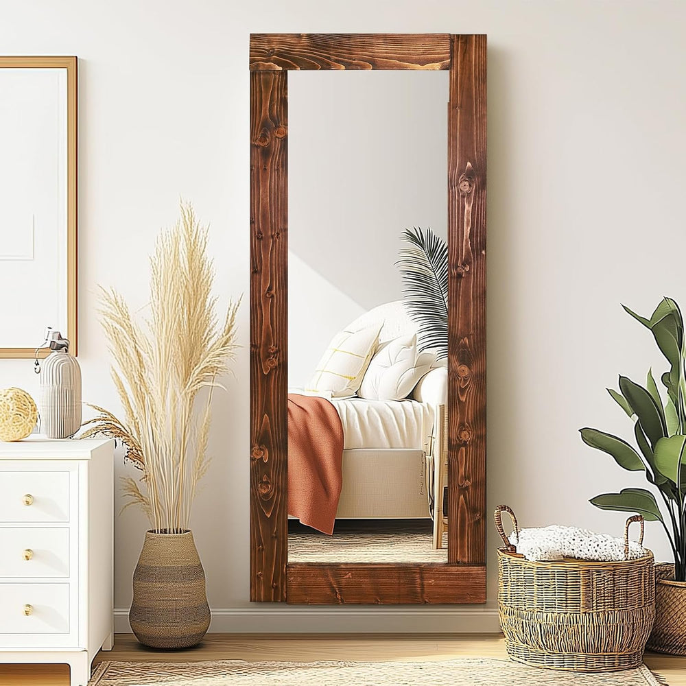 58x24in Full Length Mirror, Solid Wood Convex Frame, Brown