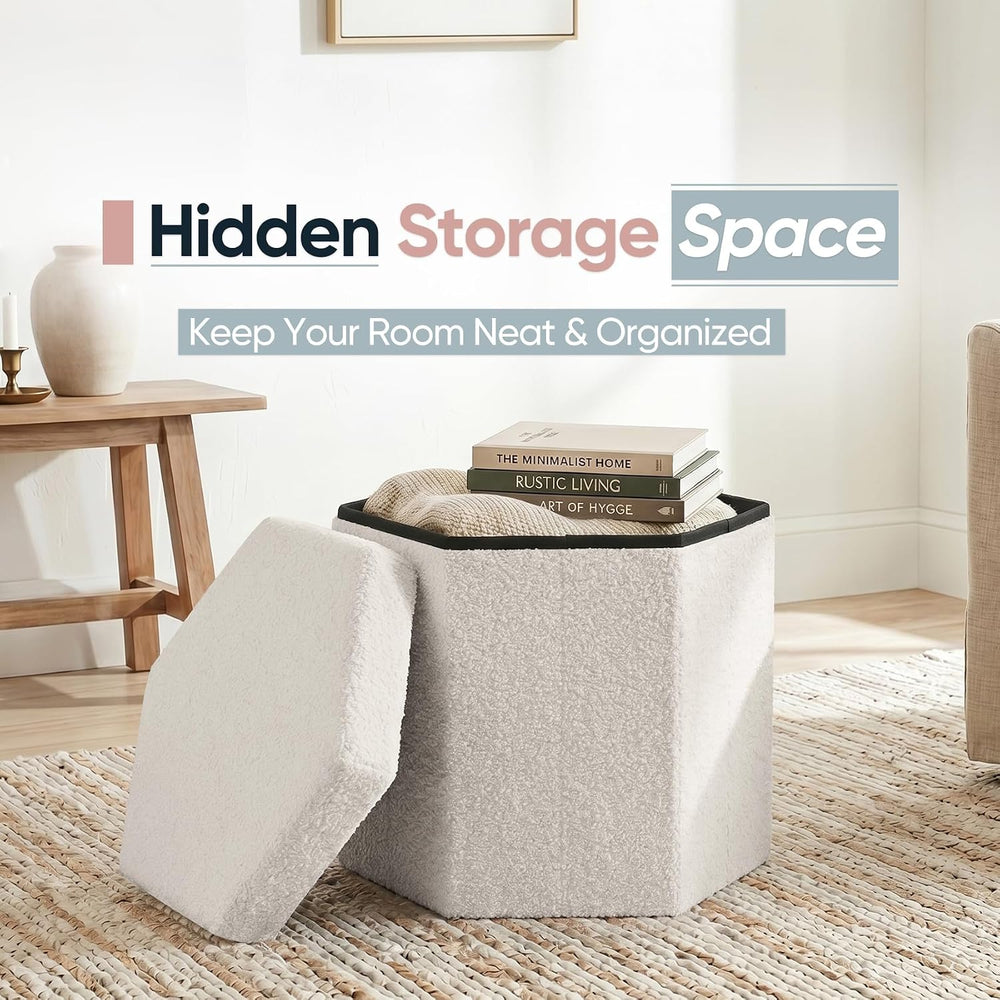 Hexagon Storage Ottoman, 15 Inch Foldable Footstool, Cream White