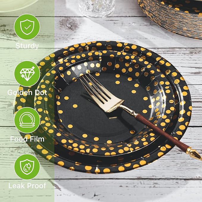Lullaby 200PCS Black Paper Plates, Black and Gold Paper Plate, 100pcs Dinner ...