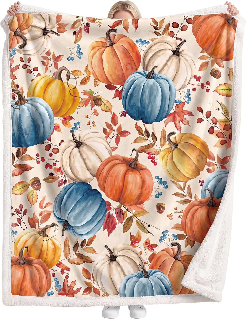 Fall Pumpkins Throw Blanket, Autumn Orange White Blue Pumpkins Leaves and Ber...