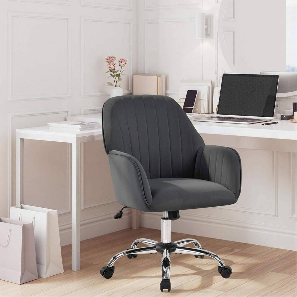 Yaheetech Velvet Office Desk Chair Channel-Tufted Swivel Seat, Dark Gray