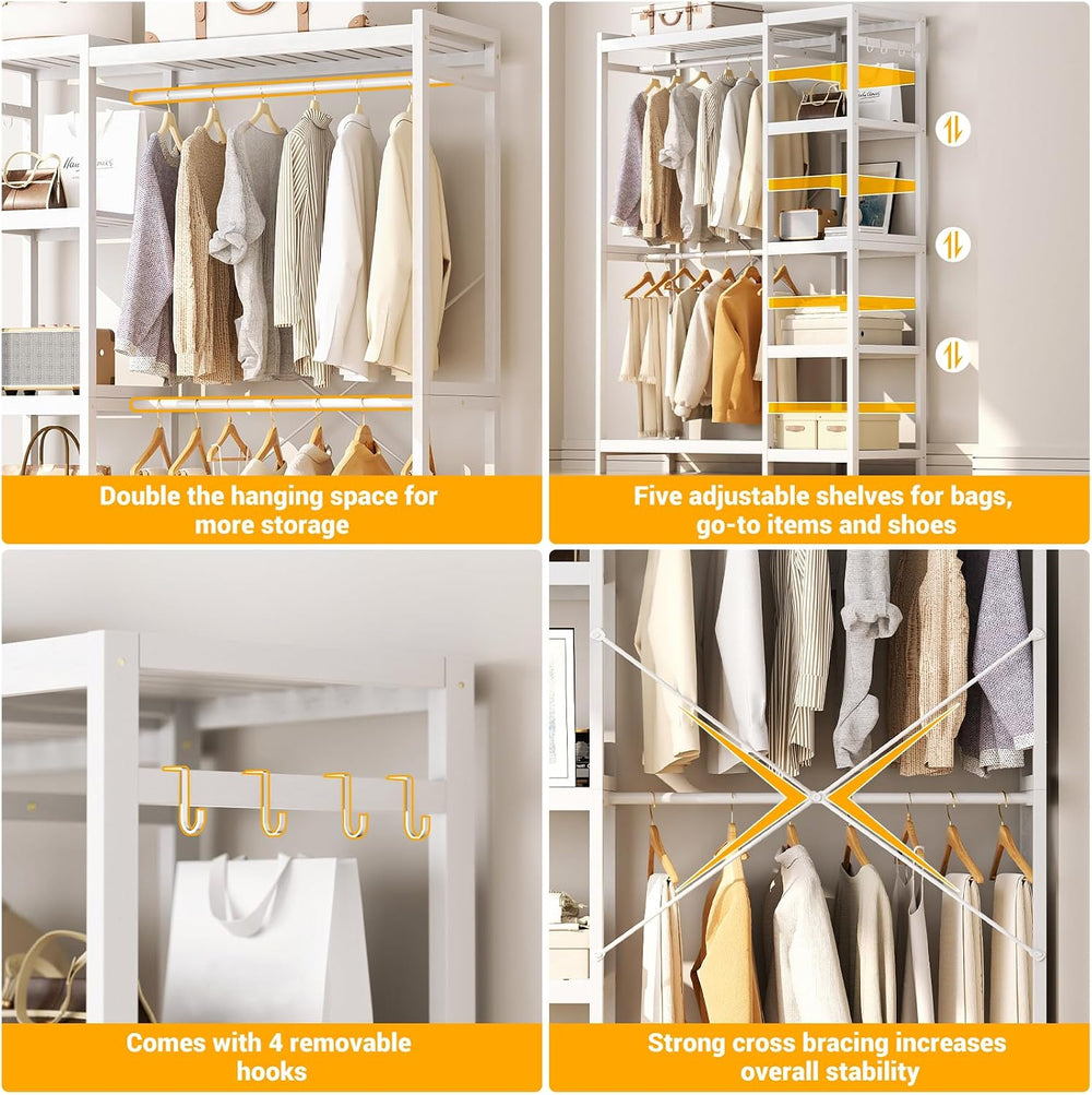 Homykic Bamboo Clothing Rack with 7 Adjustable Shelves, 2 Hang Rods, White