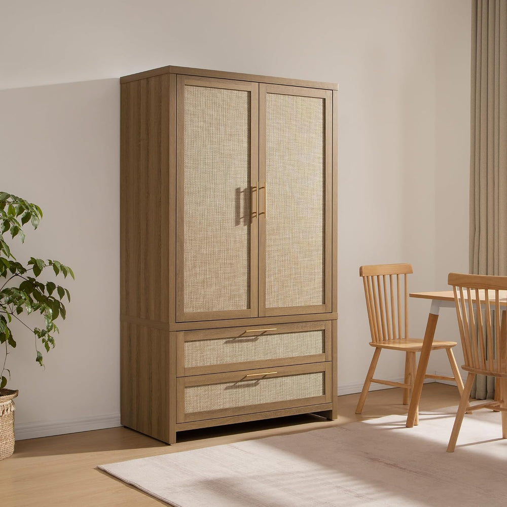 SICOTAS 71 inch Armoire Wardrobe Closet, Rattan Boho Wardrobe with Drawers