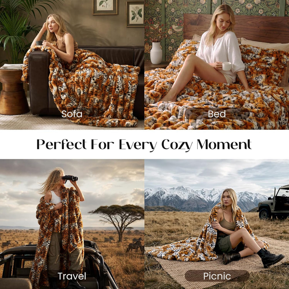 Dream Valley Double-Sided Faux Rabbit Fur Throw Blanket,Tiger Print,60"x...