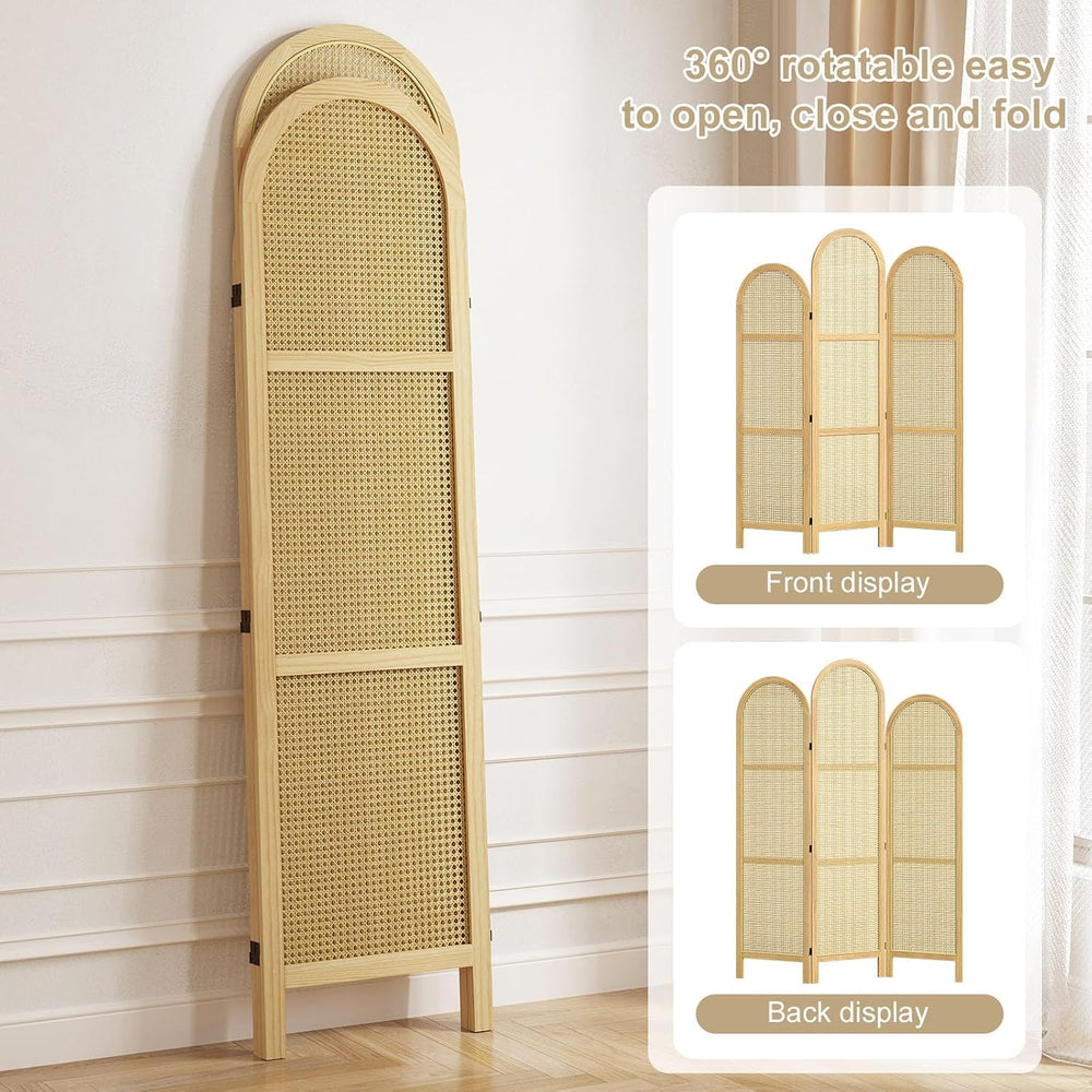 3-Panel Hand-Woven Rattan Room Divider, Tall Foldable Privacy Screen with Woo...