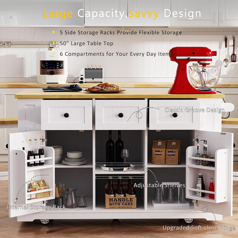 Rolling Kitchen Island with Drop Leaf & Power Outlet, Large Kitchen Islan...