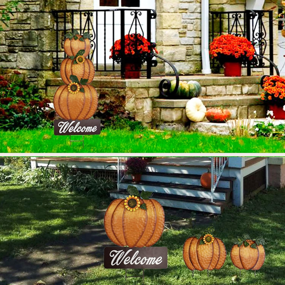 Metal Pumpkin Yard Stake Outdoor Fall Decor Stacked Pumpkin Welcome Sign