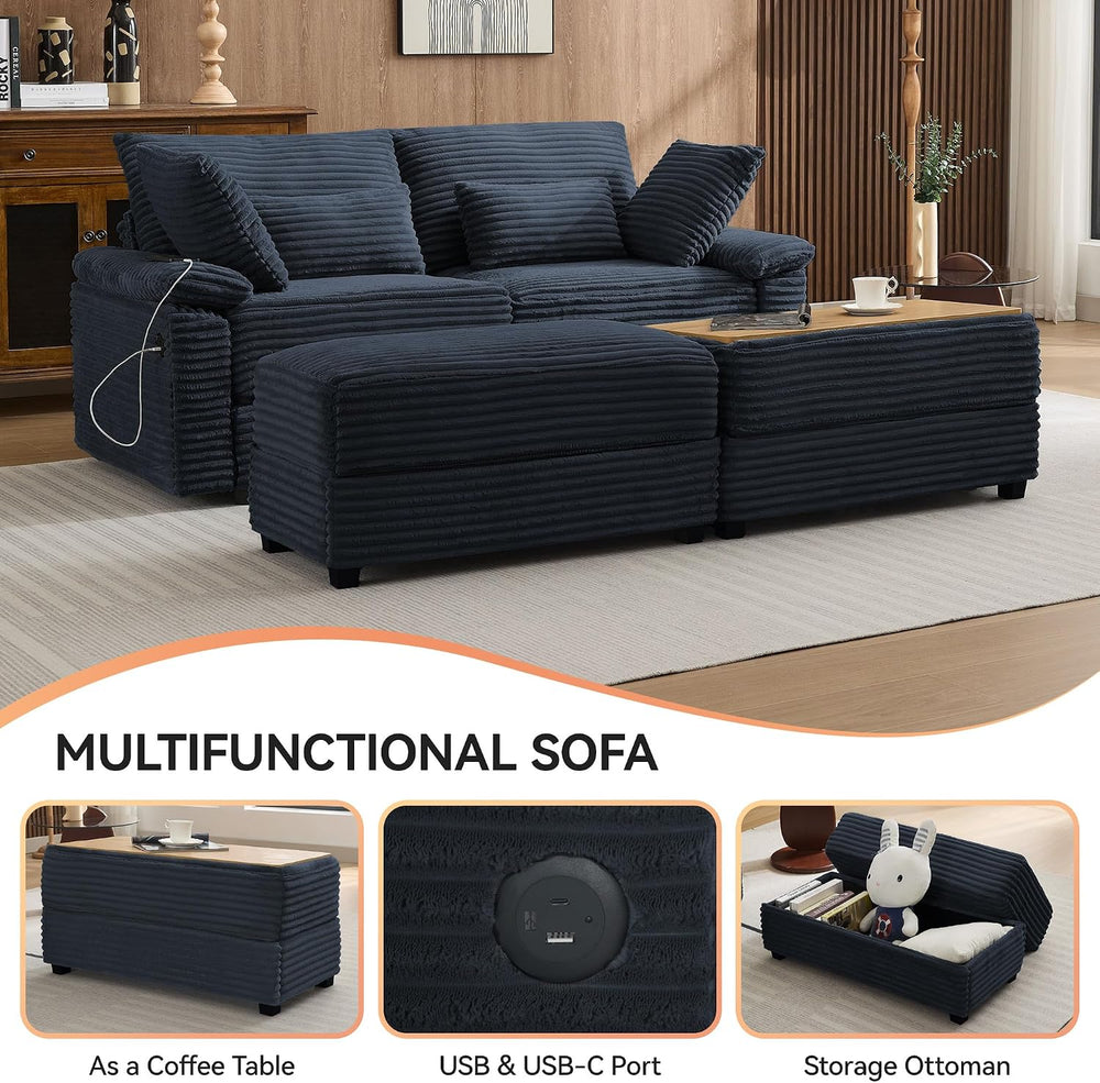 75" Corduroy Loveseat with Storage Ottoman, Cloud Deep Seat Couch with C...