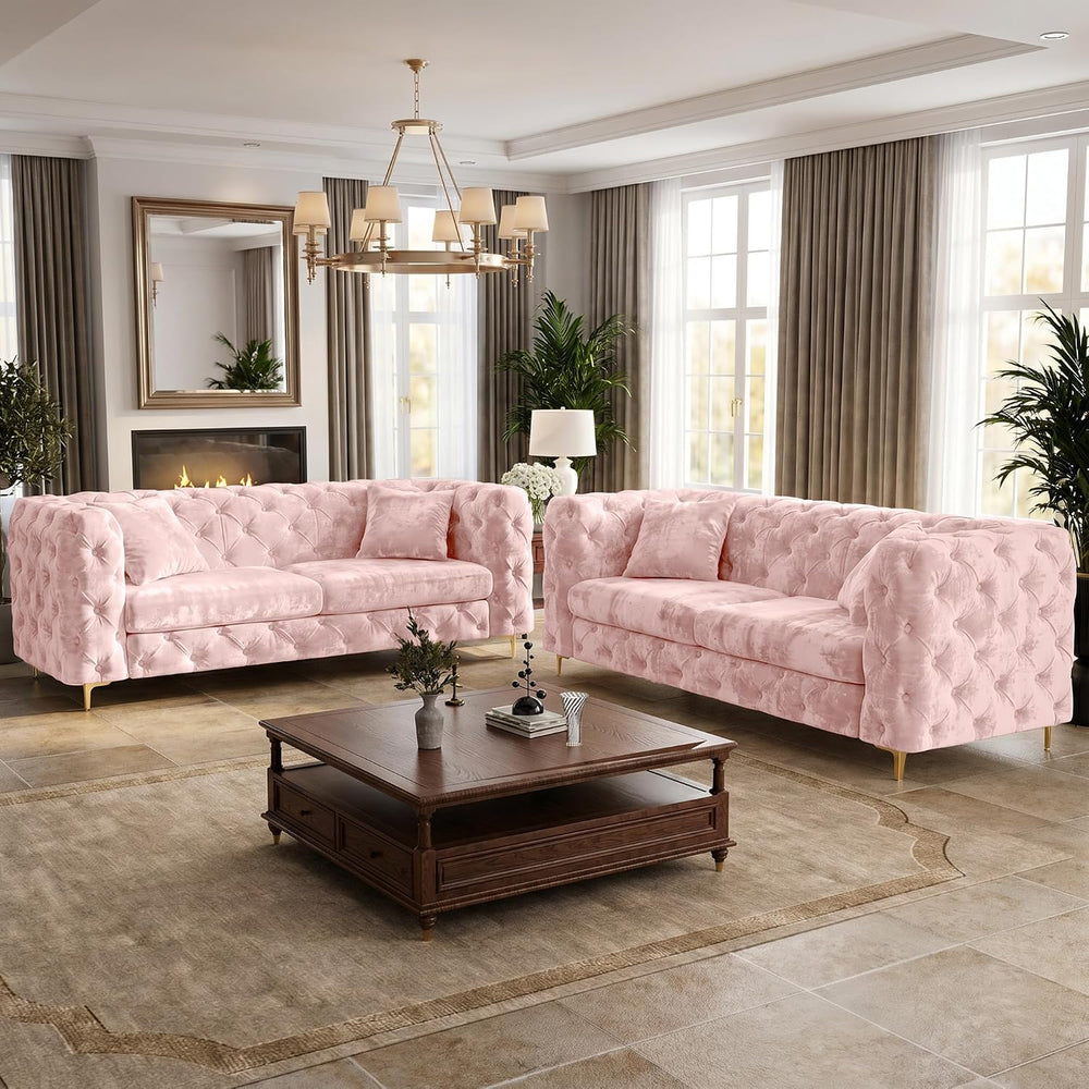 2-Piece 75" Mid Century Velvet Sofa Set, Tufted Back, Gold Metal Legs