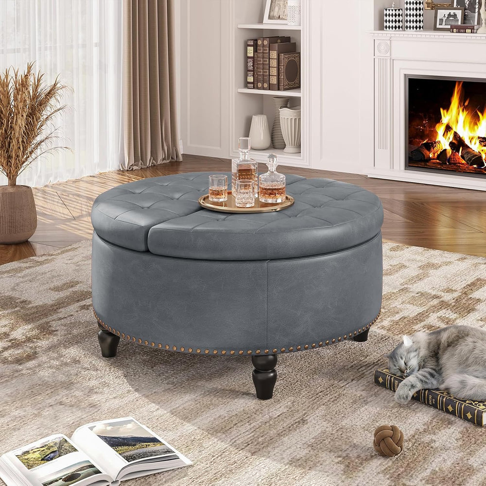 FiveWillowise 31.5 Inch Large Round Ottoman with Storage Circular,Gray Grey