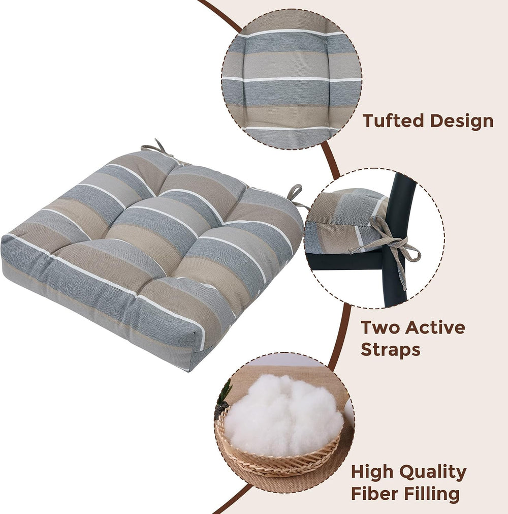 Indoor/Outdoor Tufted Seat Cushions Set of 2, 19x19x5 Inch-Grey Stripe