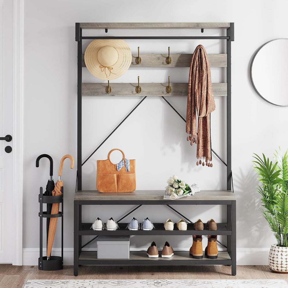 Hall Tree with Bench and Shoe Storage, Entryway Organizer with 8 Hooks