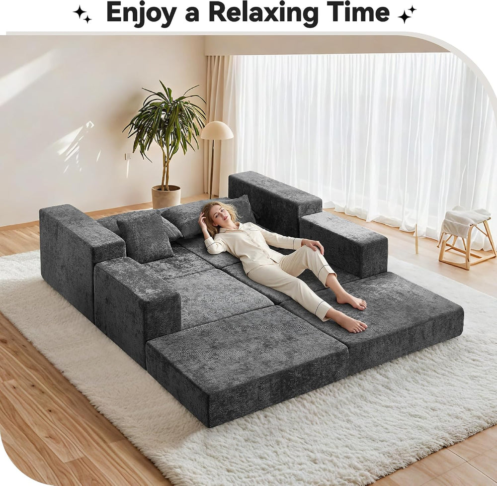 79" Boneless Couch with Ottoman, Compressed Sleeper Sofa Bed, Dark Grey