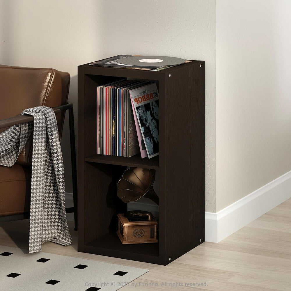 Furinno Cubicle Record Player Stand, 2-Cube Record Storage, Dark Oak