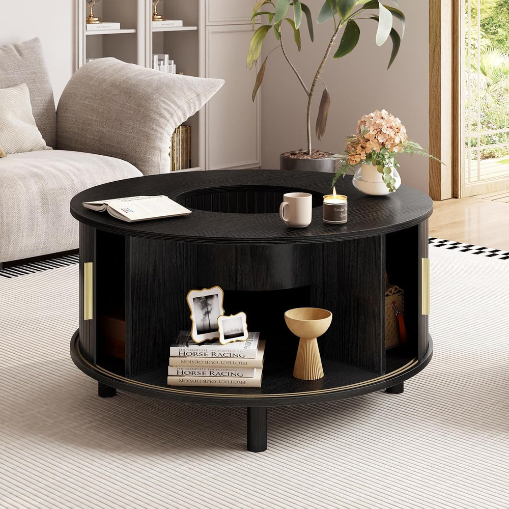 LVB Black Coffee Table Round, Wood Living Room Table with Storage for Home