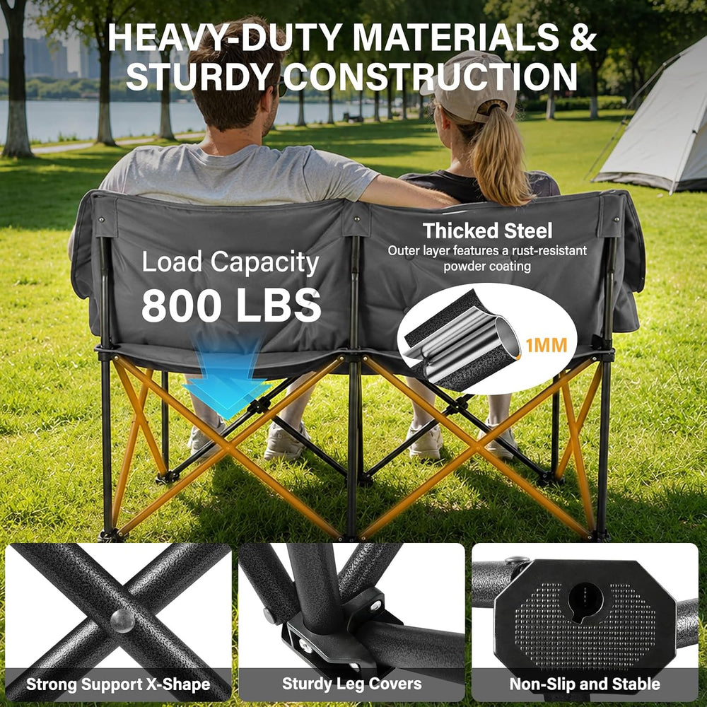 Double Camping Chair for Adult,Heavy Duty Padded Loveseat Chair,Gray
