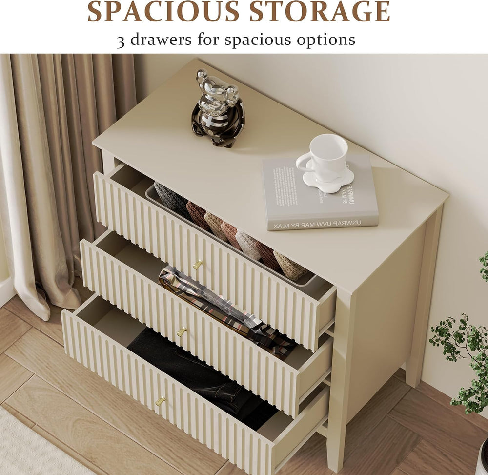 RoyalCraft Fluted 3 Drawer Dresser, 32" Wide Nightstand for Bedroom, Beige