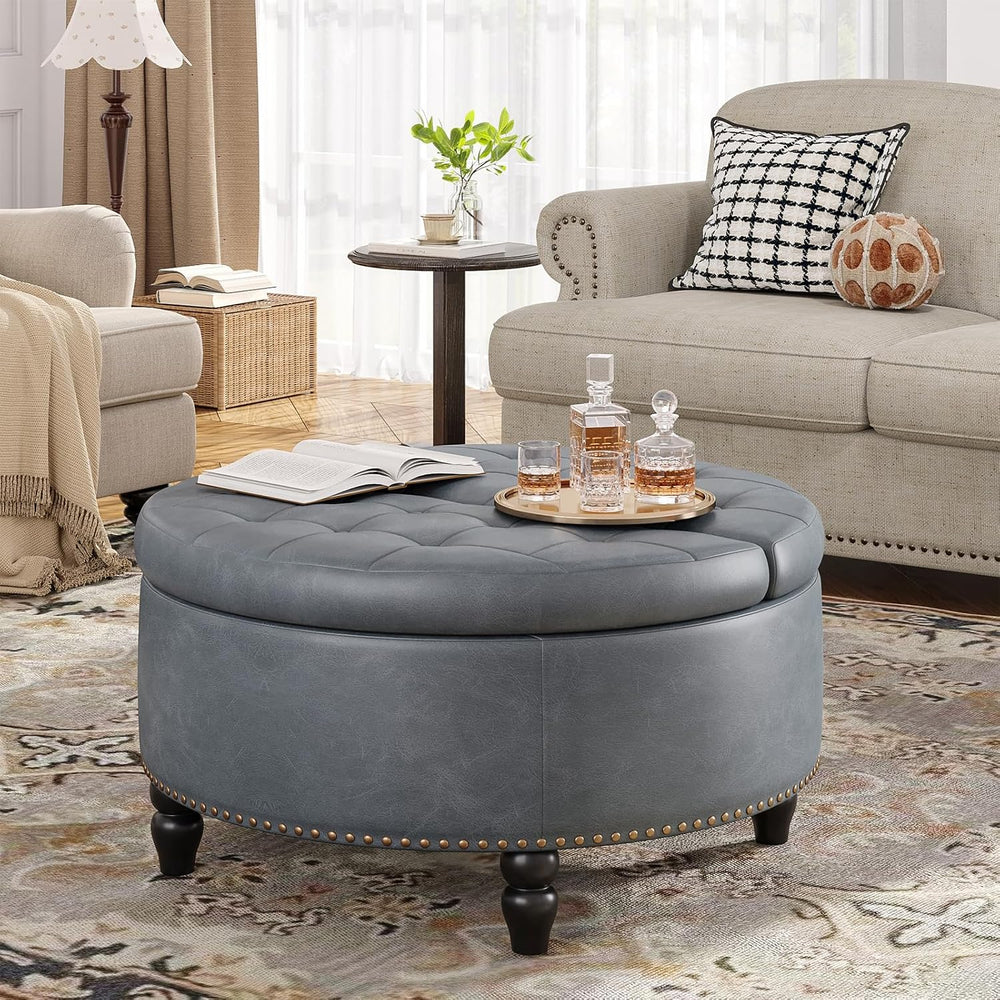 FiveWillowise 31.5 Inch Large Round Ottoman with Storage Circular,Gray Grey