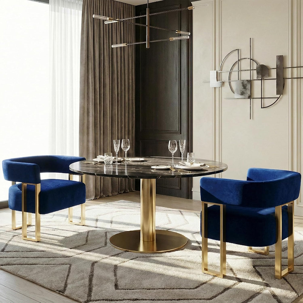 Velvet Dining Chairs Set of 2, Blue Upholstered Accent Armchairs, Gold Legs