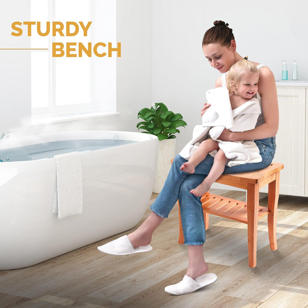 Bamboo Shower Bench, Shower Stool Seat with Storage Shelf, Non Slip Feet