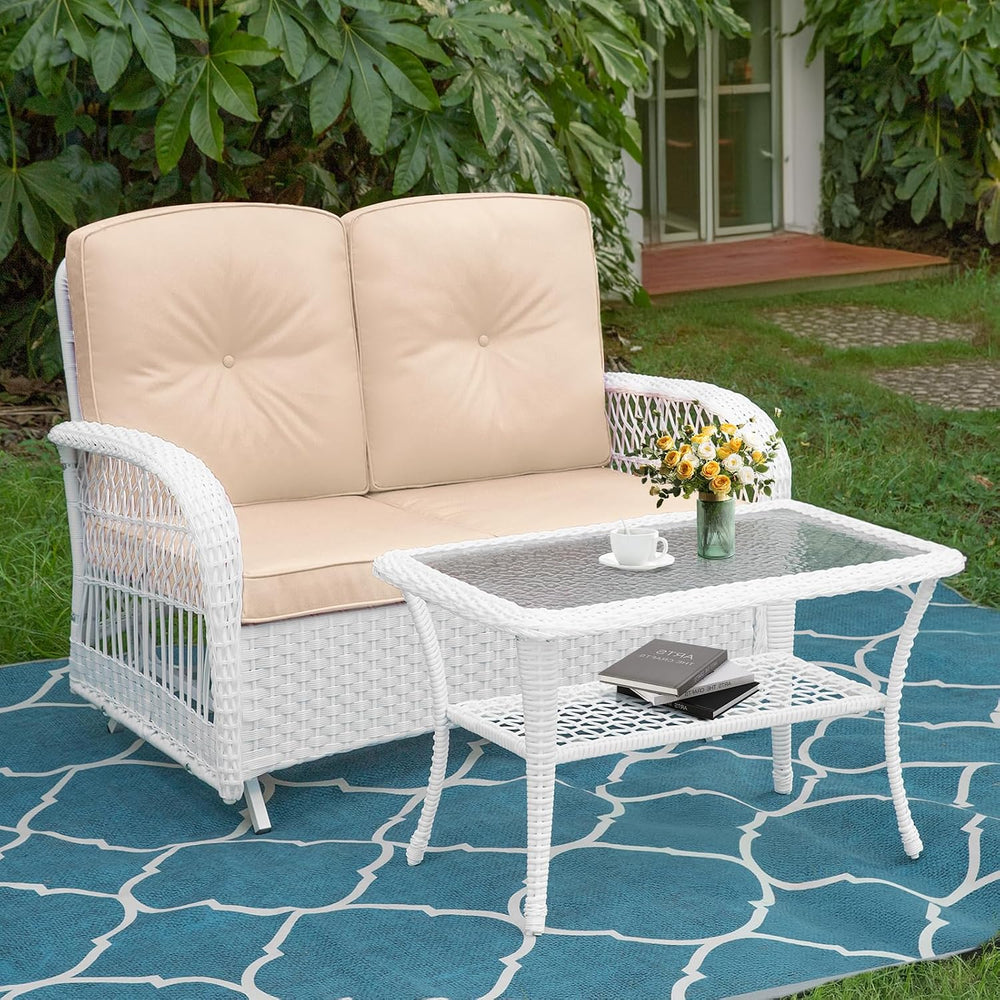 MEETWARM Outdoor Wicker Patio Glider Set, Loveseat for 2 Person Porch Furnitu...