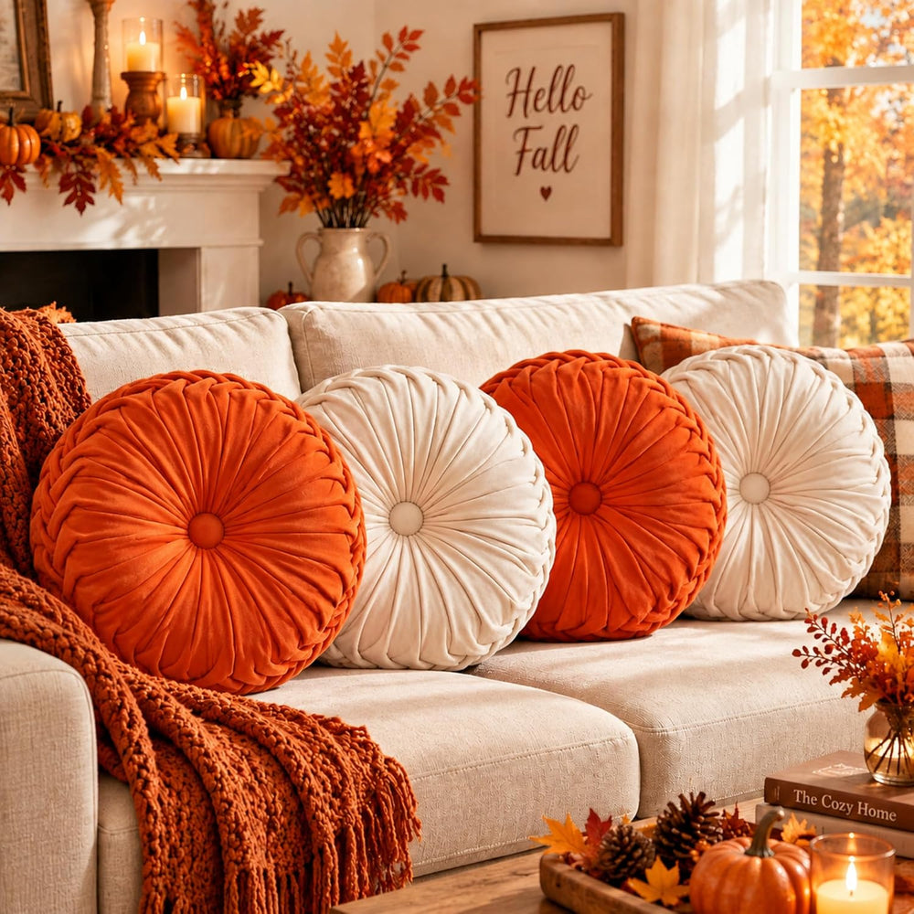 Kathfly 4 Pcs Round Throw Pillows Velvet Pleated Pillows, Cream, Orange