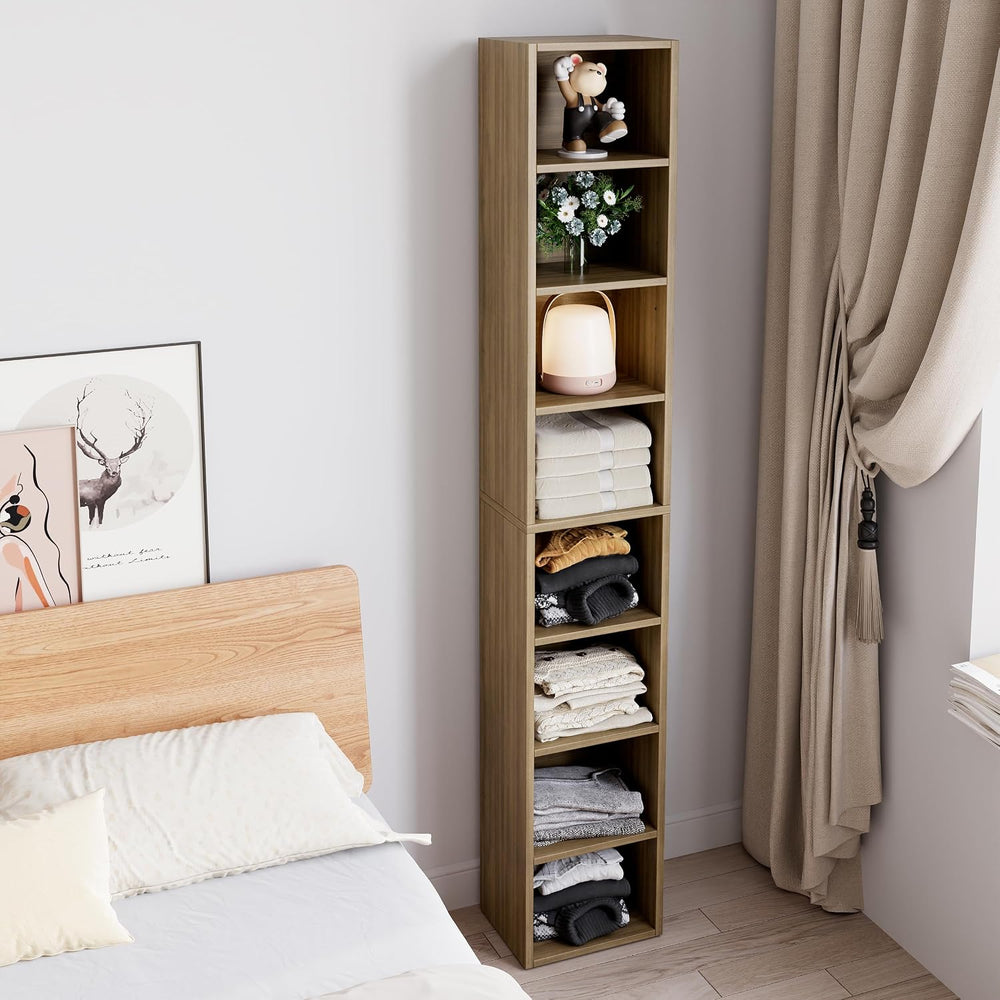 Bamjoy 71 Inches Tall Narrow Bookshelf, 8-Tier Slim CD DVD Media Shelf, Corne...