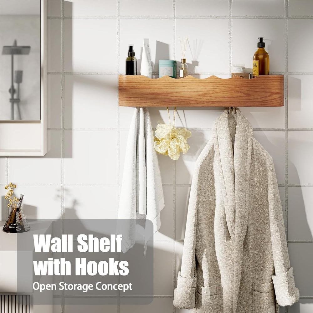 Coat Rack Wall Mount with Shelf 4 Hidden Hooks Modern Wooden Key Holder Entry...