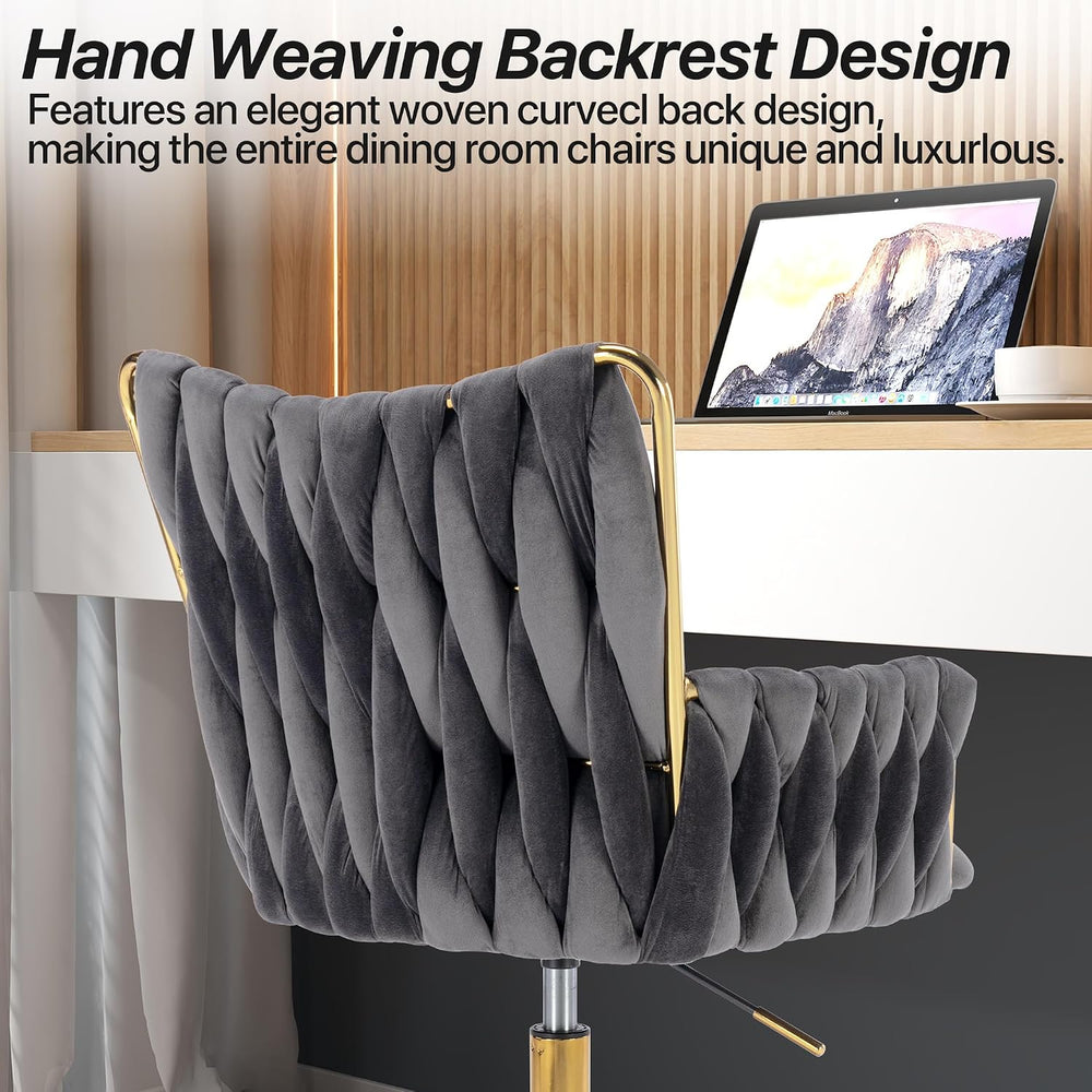KCC Modern Velvet Home Office Desk Chair with Hand Woven Backrest,Gray