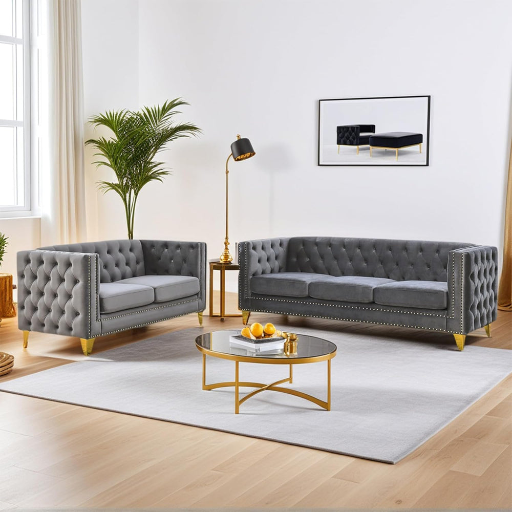 2 Piece Chesterfield Velvet Combination Sofa Set for Living Room,3-Seater and...