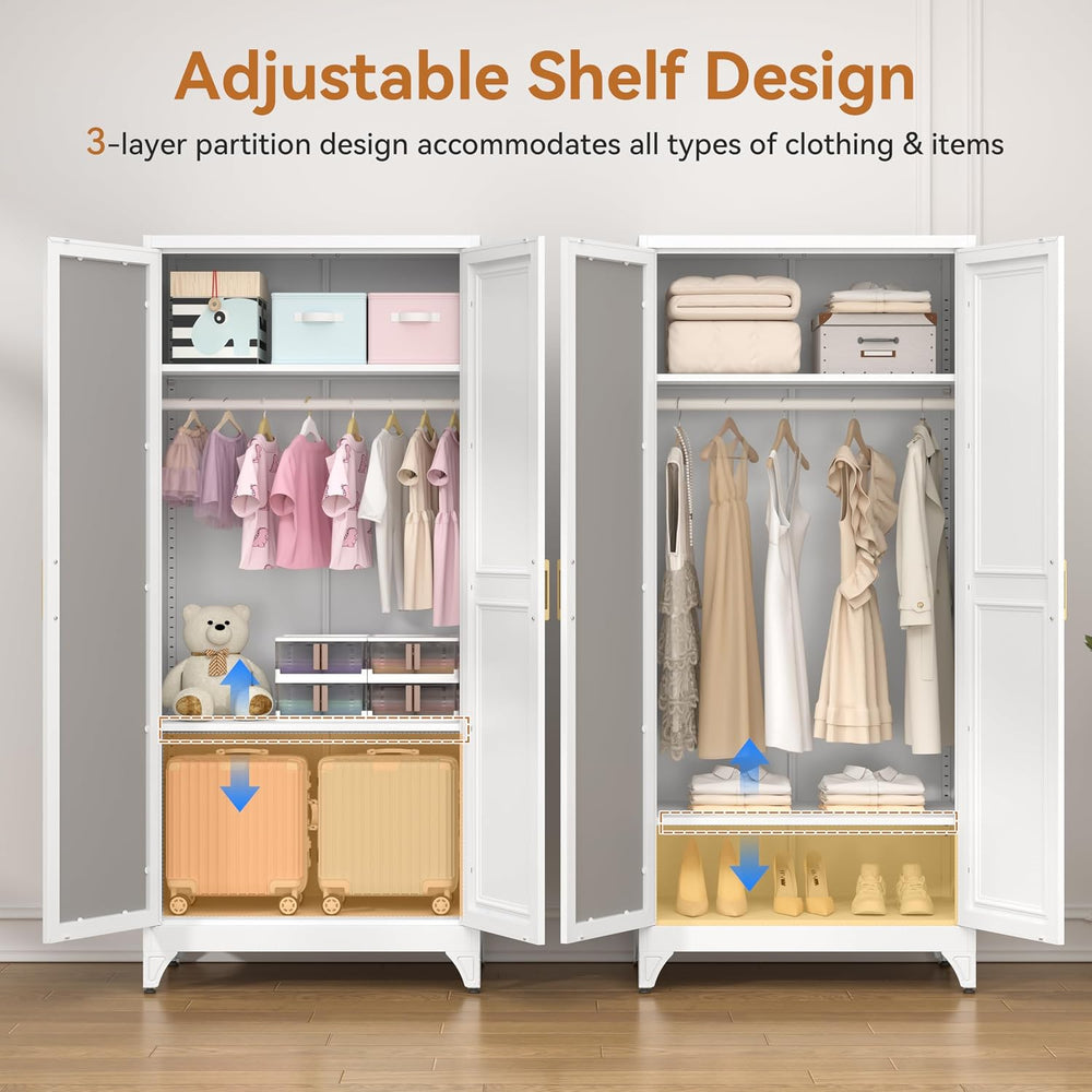 Polup Metal Armoire Wardrobe Closet with Mirror, 71" Tall White Cabinet