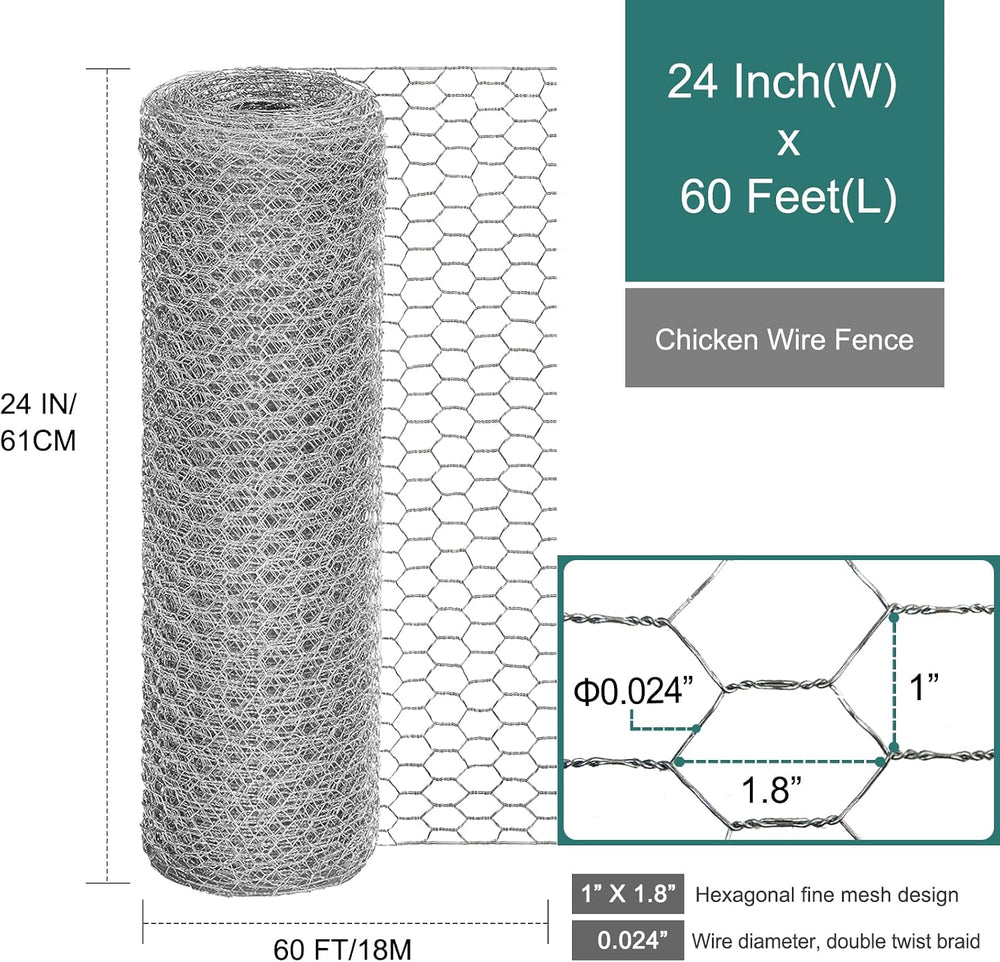 Chicken Wire Fencing, 24 Inch x 60 Ft Chicken Wire Mesh for Garden Plants
