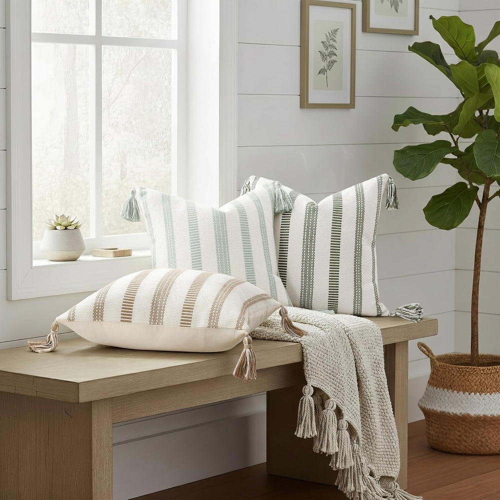 Smile Bee Outdoor Striped Pillow Covers 20x20 Set of 2 Sage Green and White