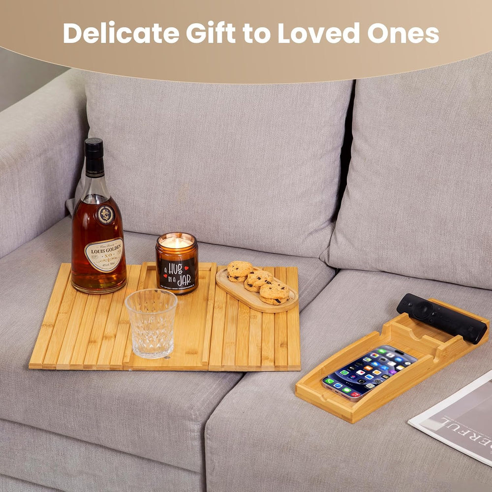 Bamboo Couch Arm Tray Table | 2-in-1 Detachable Sofa Tray with Slidable Cup H...