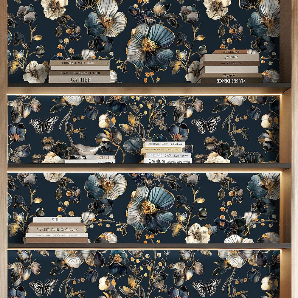Livelynine 17.5x591 Navy Blue Flower Peel and Stick Wallpaper Vintage Dark Bl...