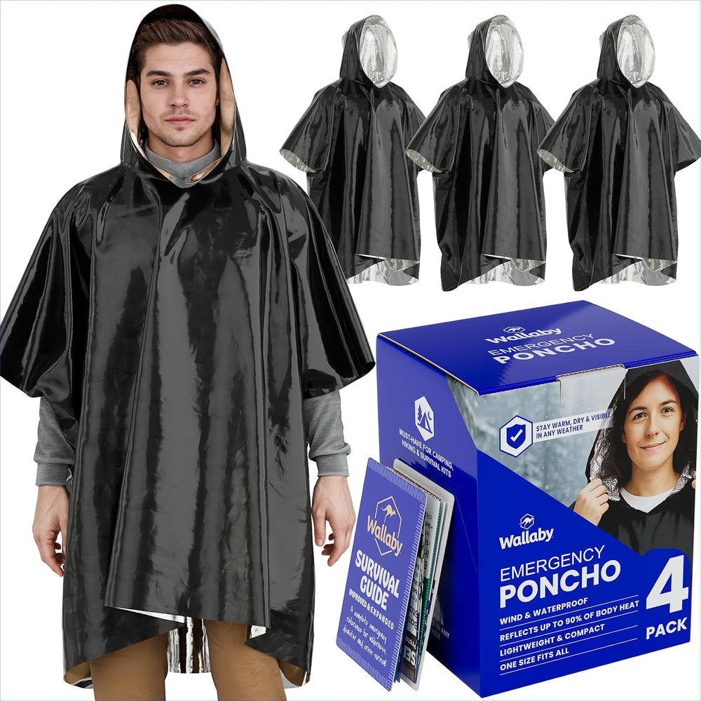 Wallaby Mylar Rain Ponchos, Heavy Duty Survival Shell (4-Pack, Black)