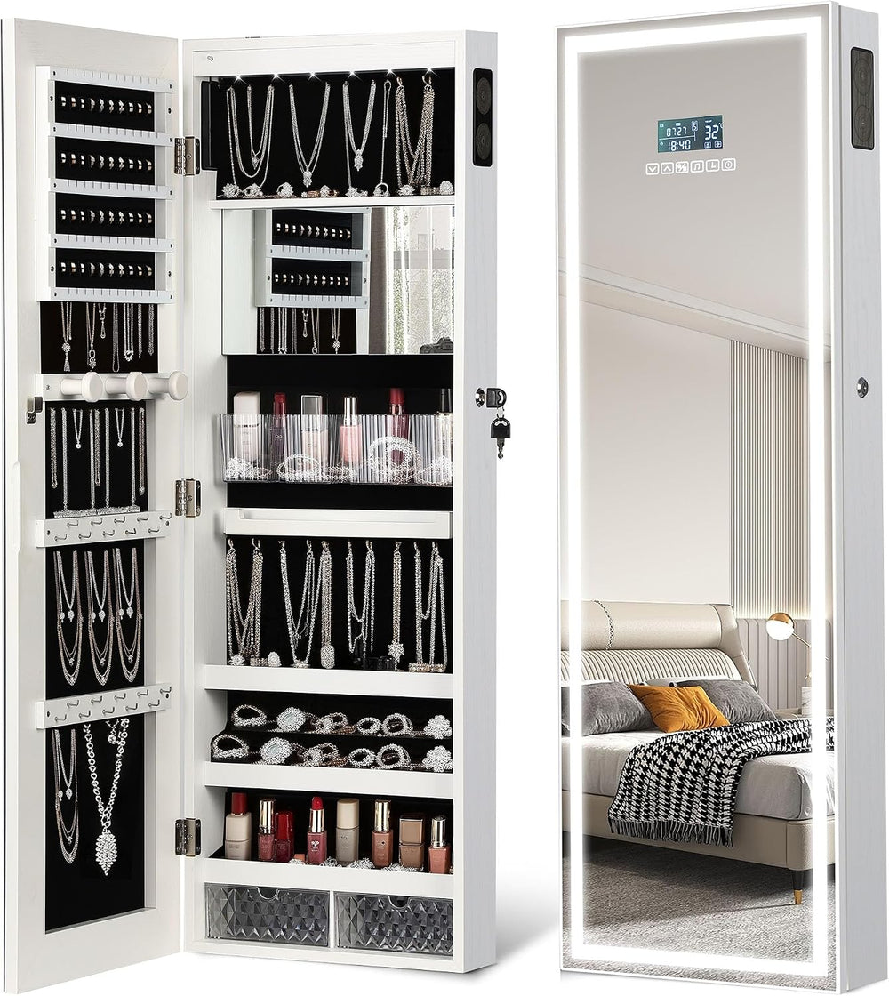 LED Mirror Jewelry Cabinet, Bluetooth Speaker, Full Length Mirror, White