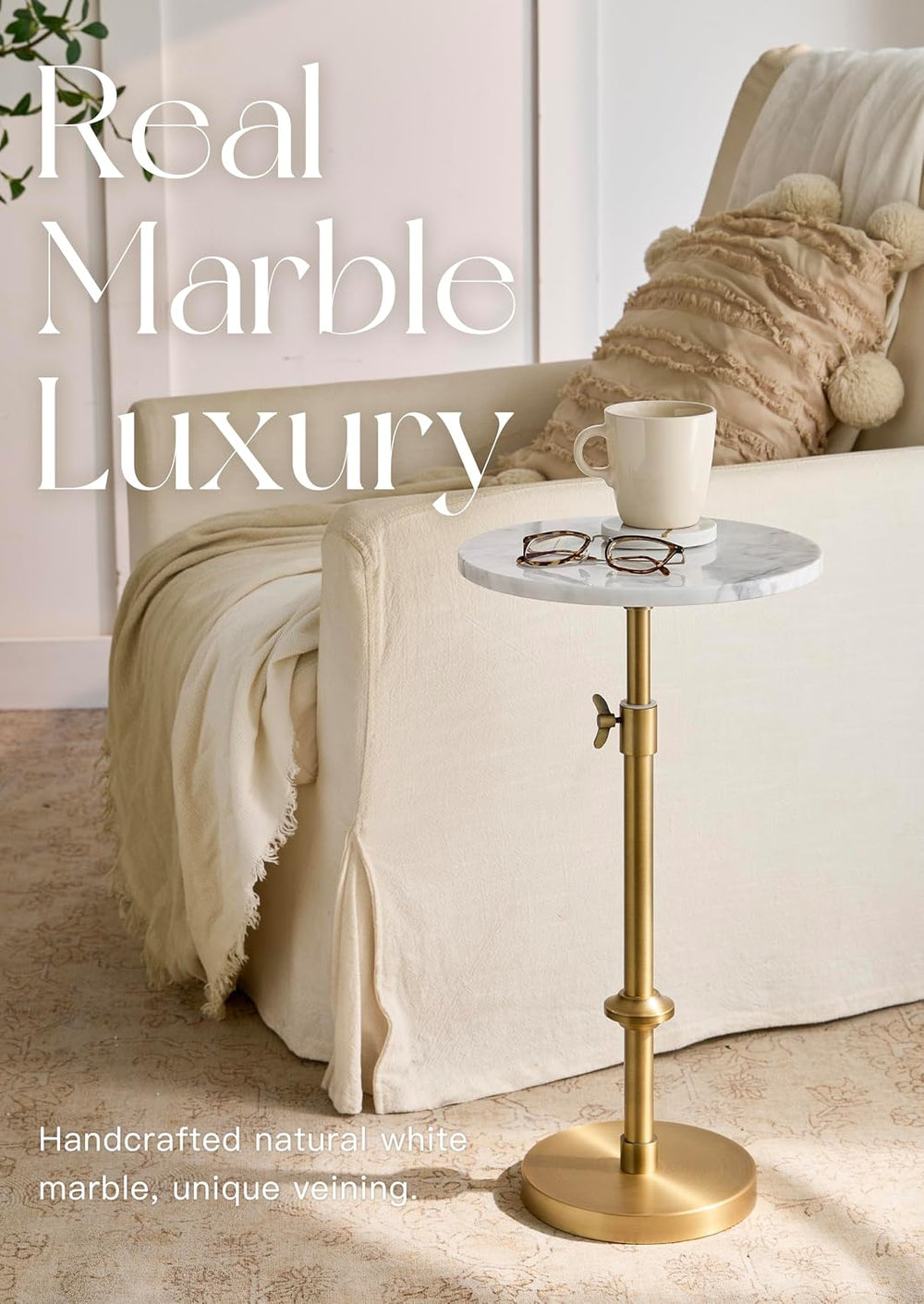 Adjustable 12" White Marble Drink Table with 2 Coasters, Antique Brass