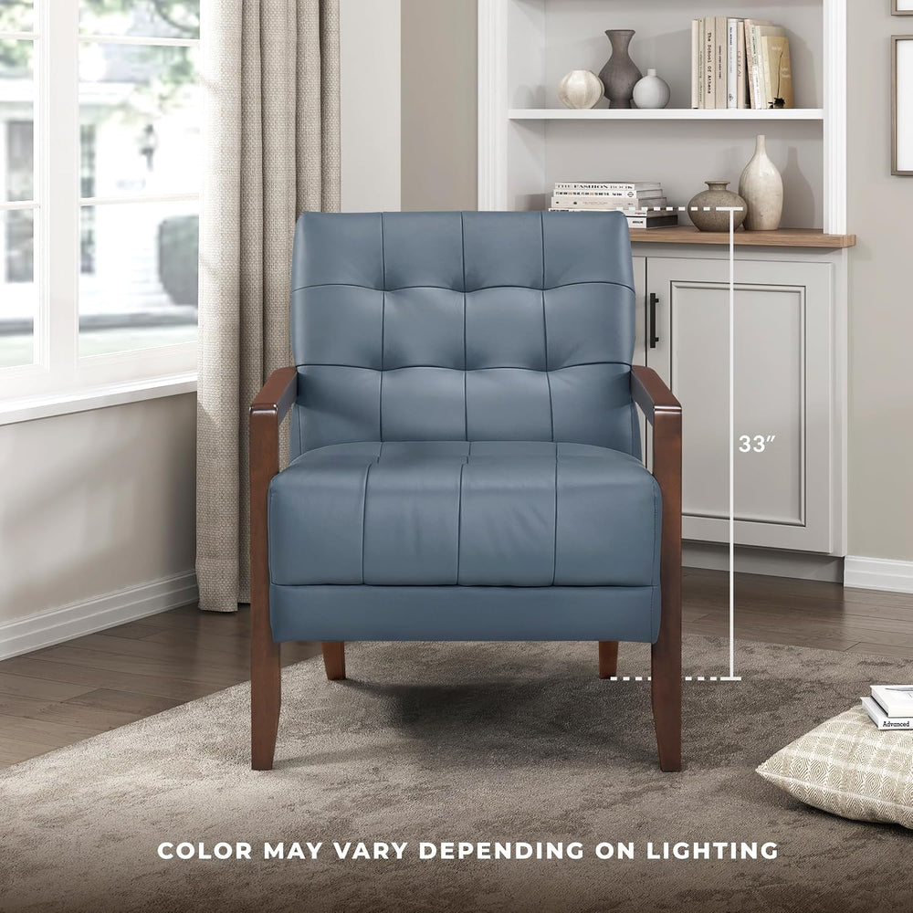 Lexicon Modern Leather Match Accent Chair,Tufted, Solid Wood Arms,Blue